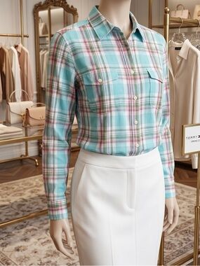 Tommy Hilfiger Mint and Pink Plaid Button-Up Shirt